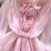 Sweet Pink 3D Floral Beach Short Dress Female Long Sleeves Lace Up Ruffle Chiffon Cake Sundress Sheer Sexy Vintage Bohemian Dress