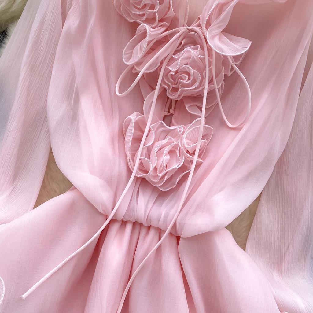 Sweet Pink 3D Floral Beach Short Dress Female Long Sleeves Lace Up Ruffle Chiffon Cake Sundress Sheer Sexy Vintage Bohemian Dress