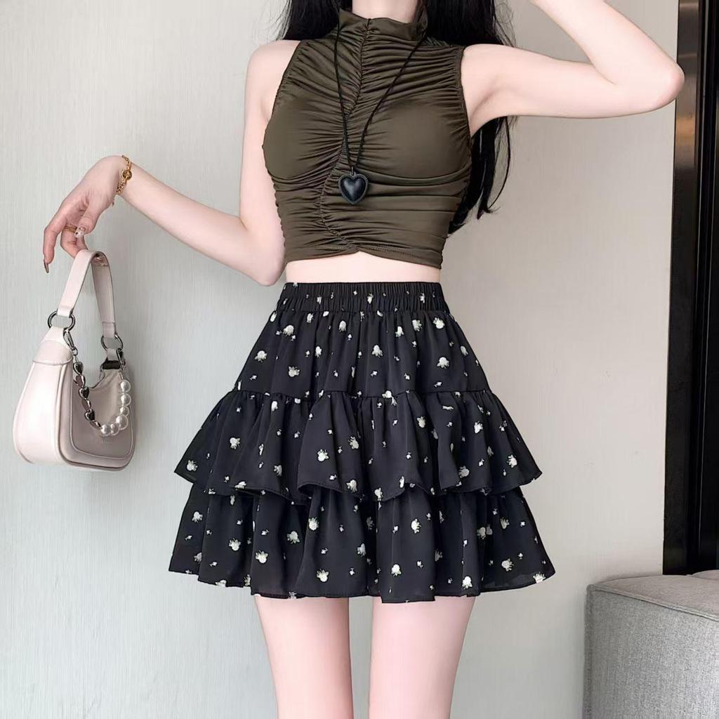 Women Pleated A-line Skirts White Ruffles Sweet Hottie Elastic Waist Slim Thin Simple Casual Summer Cake Skirt
