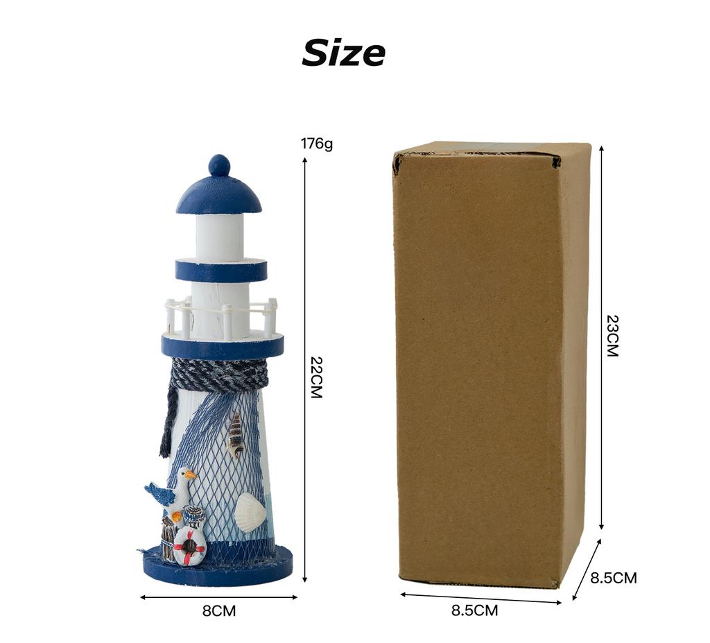 22cm Mediterranean Wooden Lighthouse Ornaments Retro Ocean Style Fishing Net Watchtower Model Crafts DIY Kids Room/Bar Ornament