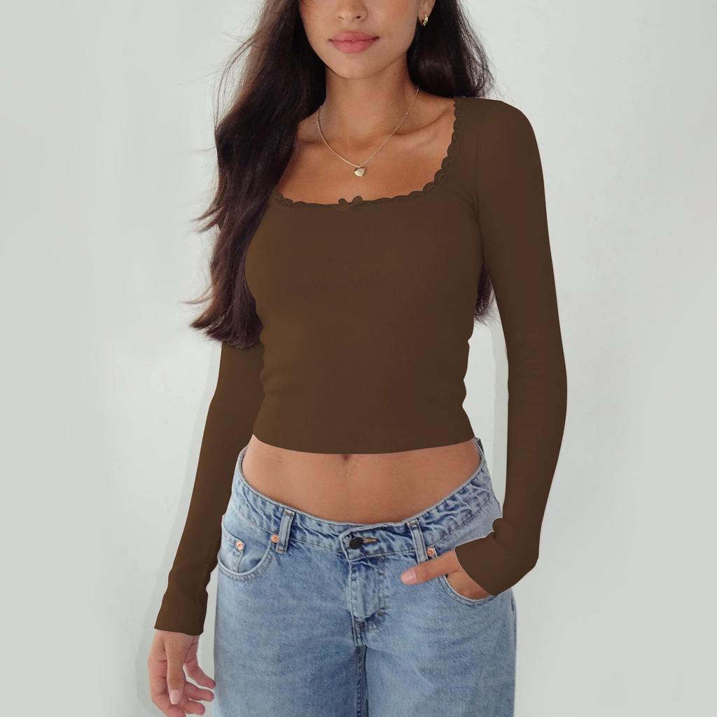 Women's Long Sleeve Lace Square Neck T-Shirt Slim Fit Knitted Bottoming Top