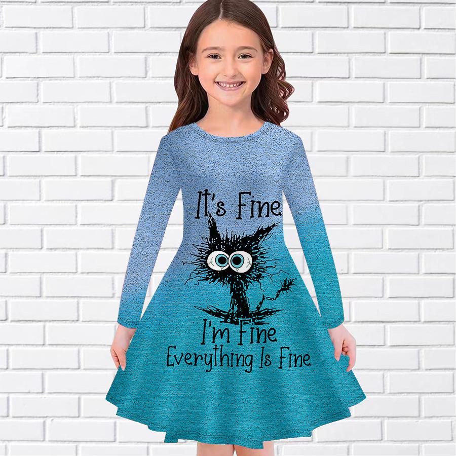 Повседневное платье для девочки с английским принтом кота и круглым вырезом, длинными рукавами, детское платье принцессы