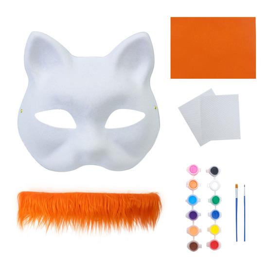 Cat Masque DIY Set White Paper Cat Masque with Eye Mesh Faux Fur Unfinished Cat Masque for Kids Adults DIY Painting