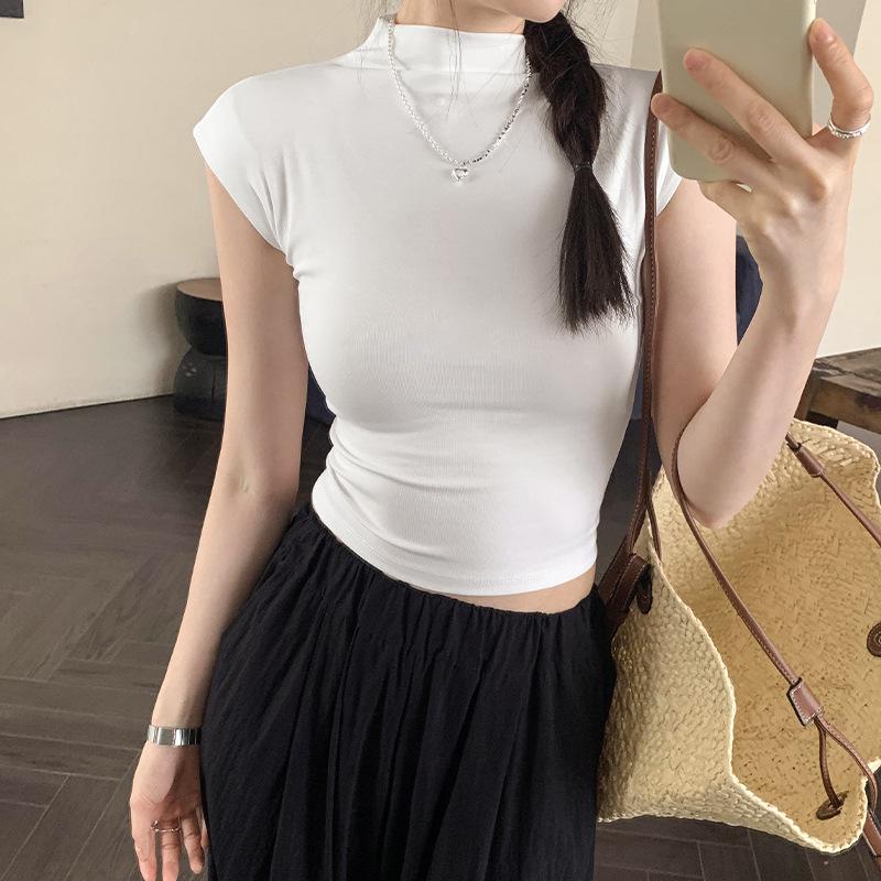 Женская облегающая футболка с открытой спиной: Летний, без рукавов, с полувысоким воротником, стиль 'hot girl'