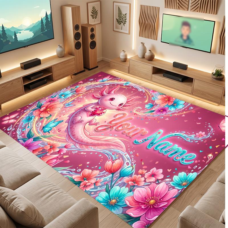 Axolotl Theme Soft Crystal Velvet Rug Custom Name & Text Print Non Slip Floor Rug for Bedroom Living Room