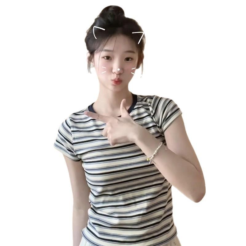 Summer 2026 vintage striped ins contrasting T-shirt slim American hottie bottoming top with front shoulder short sleeves