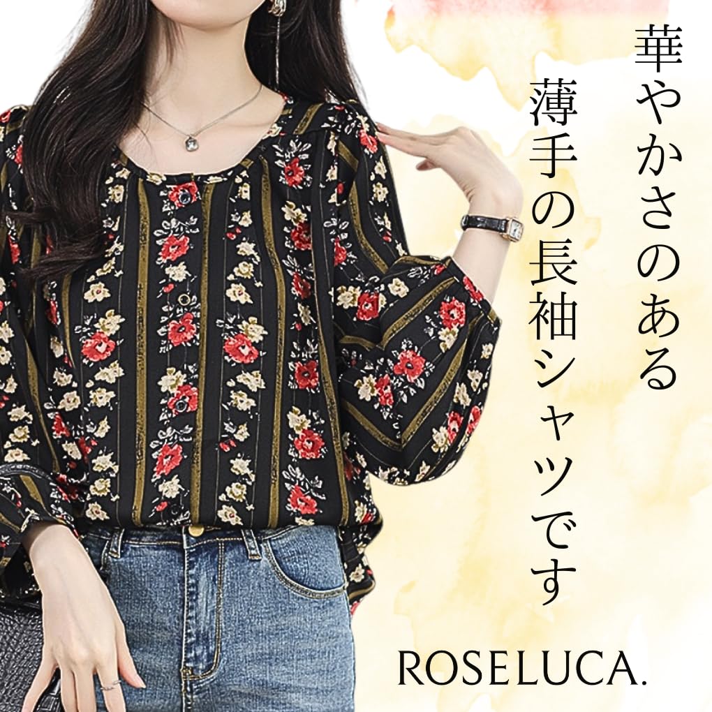 Цветочная рубашка блузка топ для круглого свободного офиса M [ROSELUCA.] Женщины, Шифон, Шея, Весна, Лето, Осень, Посадка, Ретро, Без воротника, В полоску, Повседневный,