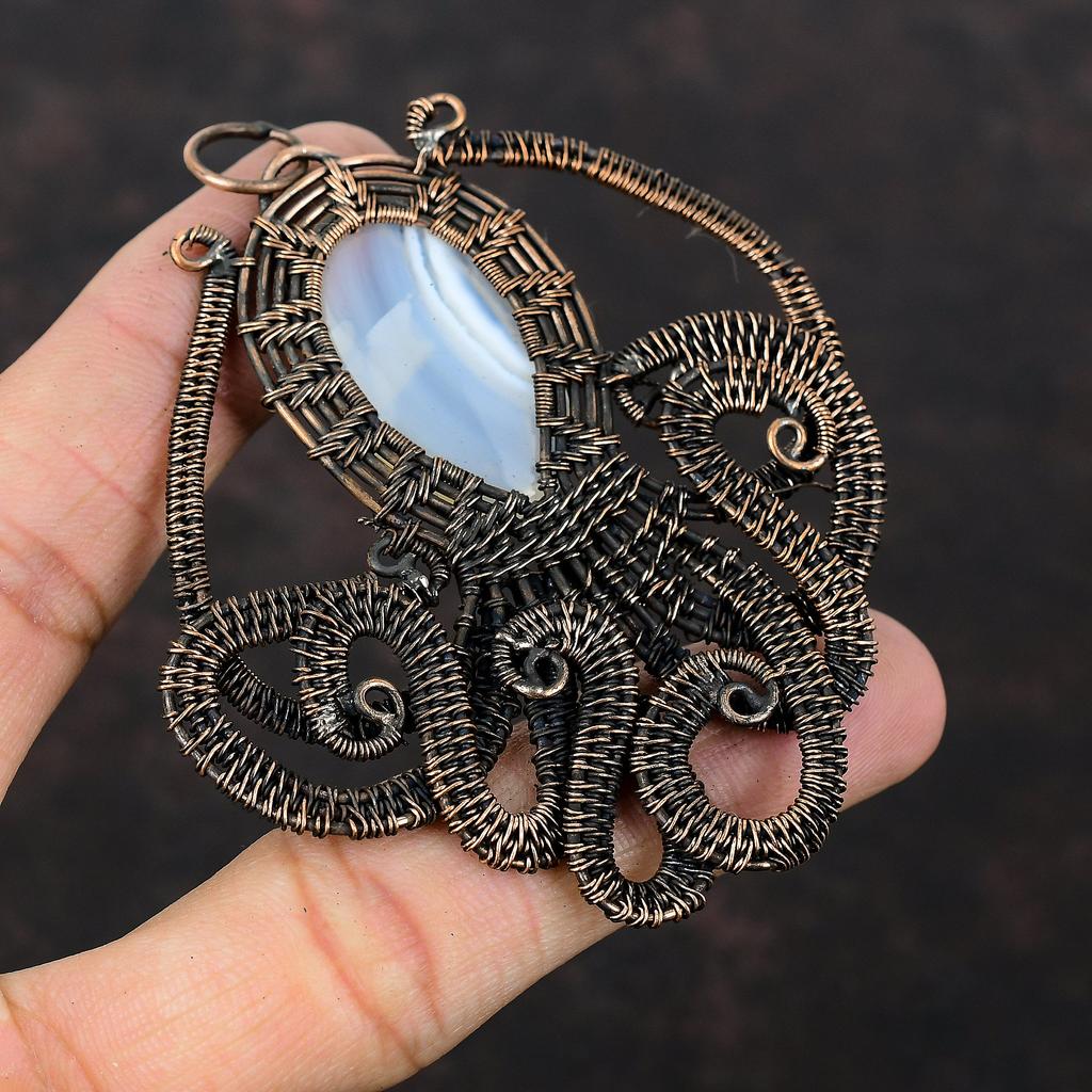Подвеска из агата Ботсваны, подвеска из медной проволоки, ювелирное изделие из драгоценных камней, подвеска ручной работы из меди, ювелирное изделие из проволоки, осьминог, подарок для женщин