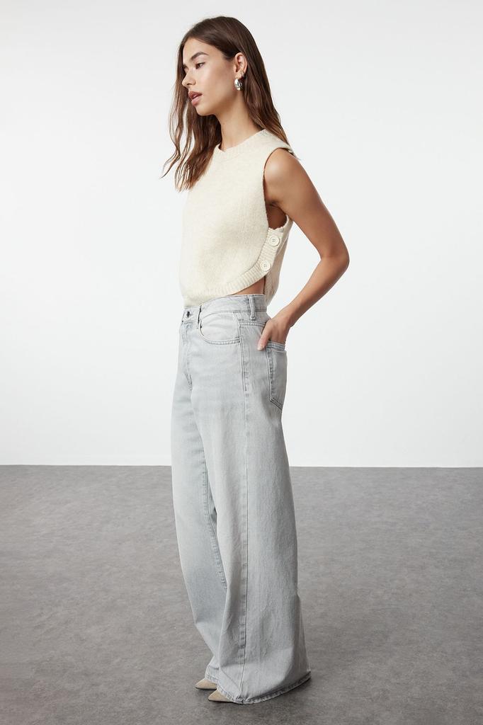 Women's Elegance Style Sweater Stone Soft Textured Crop Buttoned Knitwear Sweater