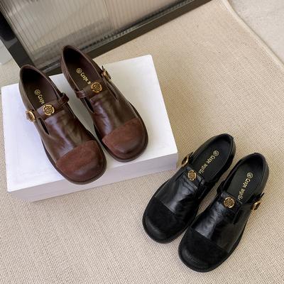 2025 весна новые ретро туфли Мэри Джейн с глубоким вырезом камелия женские на толстом каблуке на одной педали с круглым носком маленькие кожаные туфли