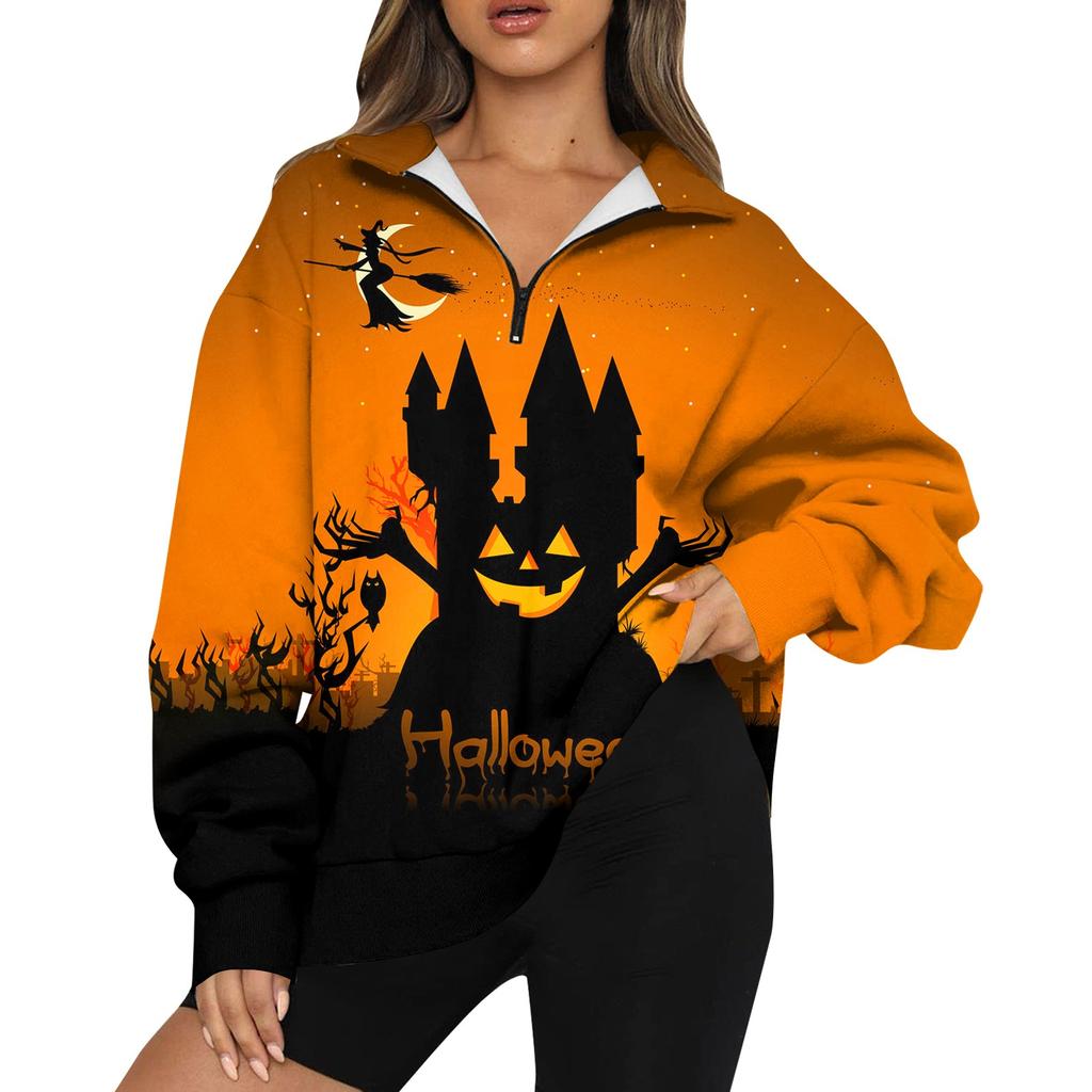 Women's Fashion Casual Long Sleeve Halloween Printed Zipper Turtleneck Drop Shoulder Sweatshirt Top