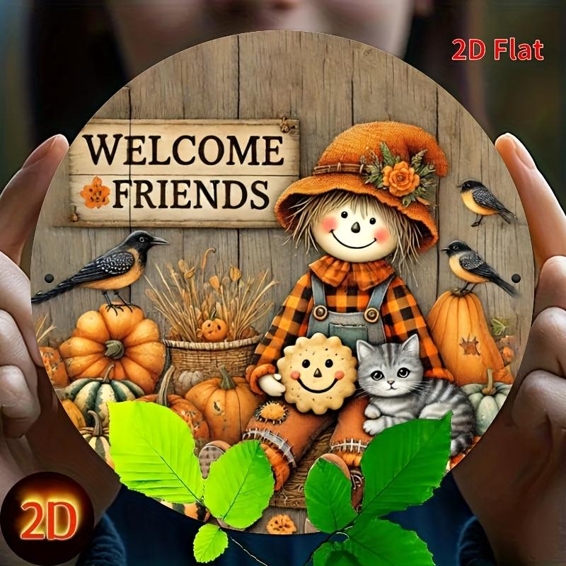 Tin Sign Welcome Friends Fall Scarecrow Vintage Durable Metal Plaque Wall Decor Home Office Bar Man Cave Wall Art