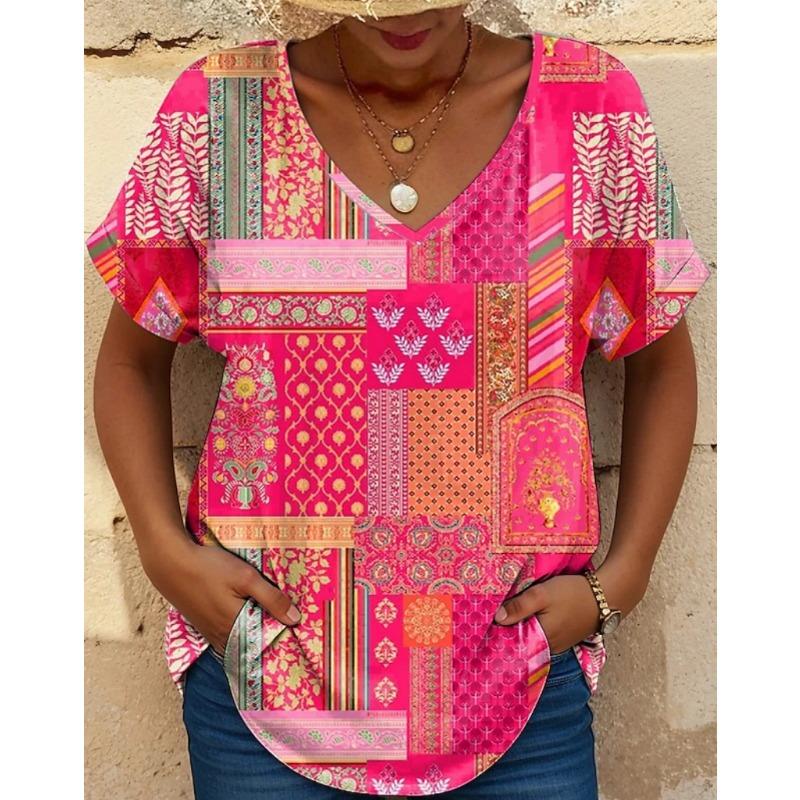 Женская футболка с красочным цветочным узором, летний повседневный топ с V-образным вырезом и короткими рукавами, одежда для женщин большого размера