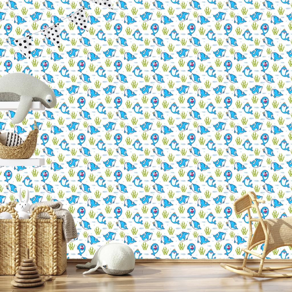 Dolphins Wallpaper White, Azure and Cream for Living Room and Bedroom 50x1000