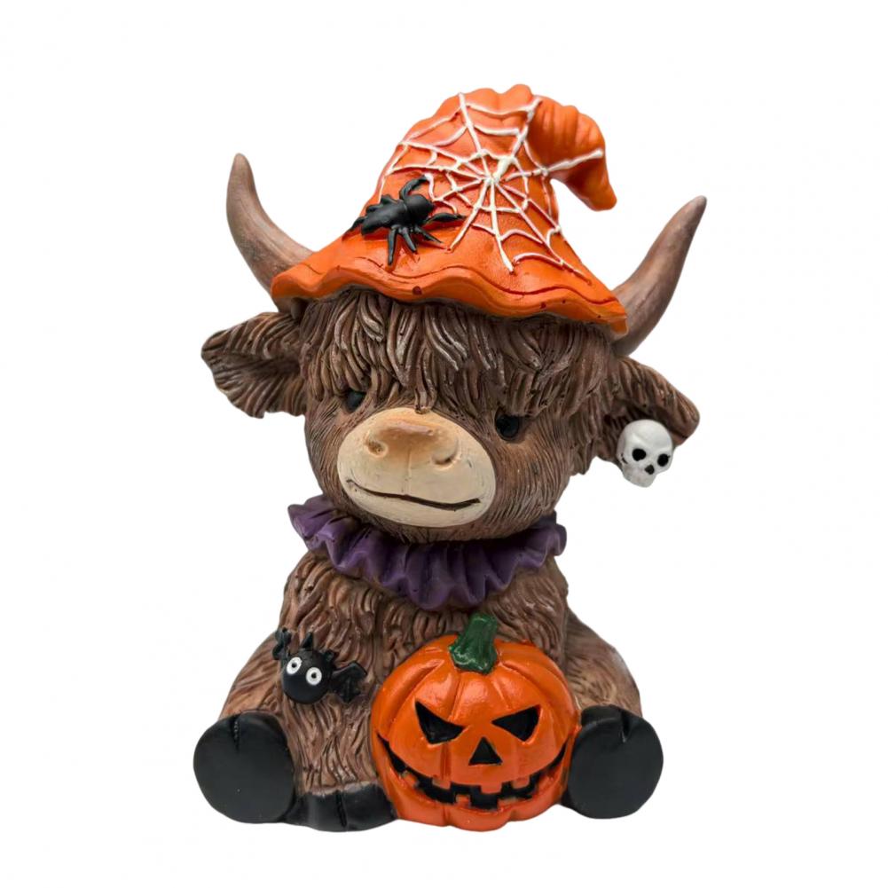 Highland Cow Ornament Highland Cattle Statue Halloween Highland Cow Figurine with Pumpkin Skull Resin Sculpture