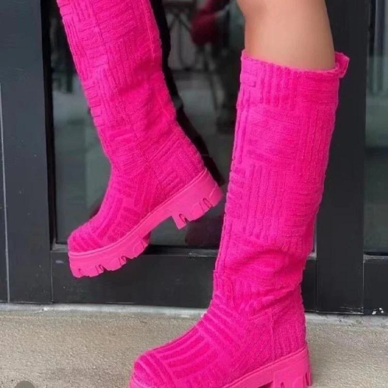 2024 Новые женские теплые зимние высокие сапоги Повседневные женские замшевые прогулочные ботинки Удобные модные ботинки на толстой подошве для подиума