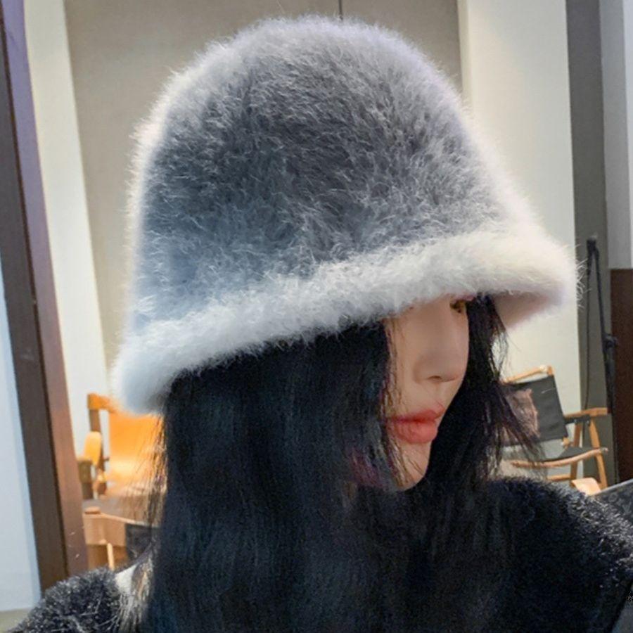 Fisherman Hat Women's Autumn and Winter Warm and Fashionable Gradient Color Rabbit Fur Basin Hat Showing Face Small Plush Bucket Hat