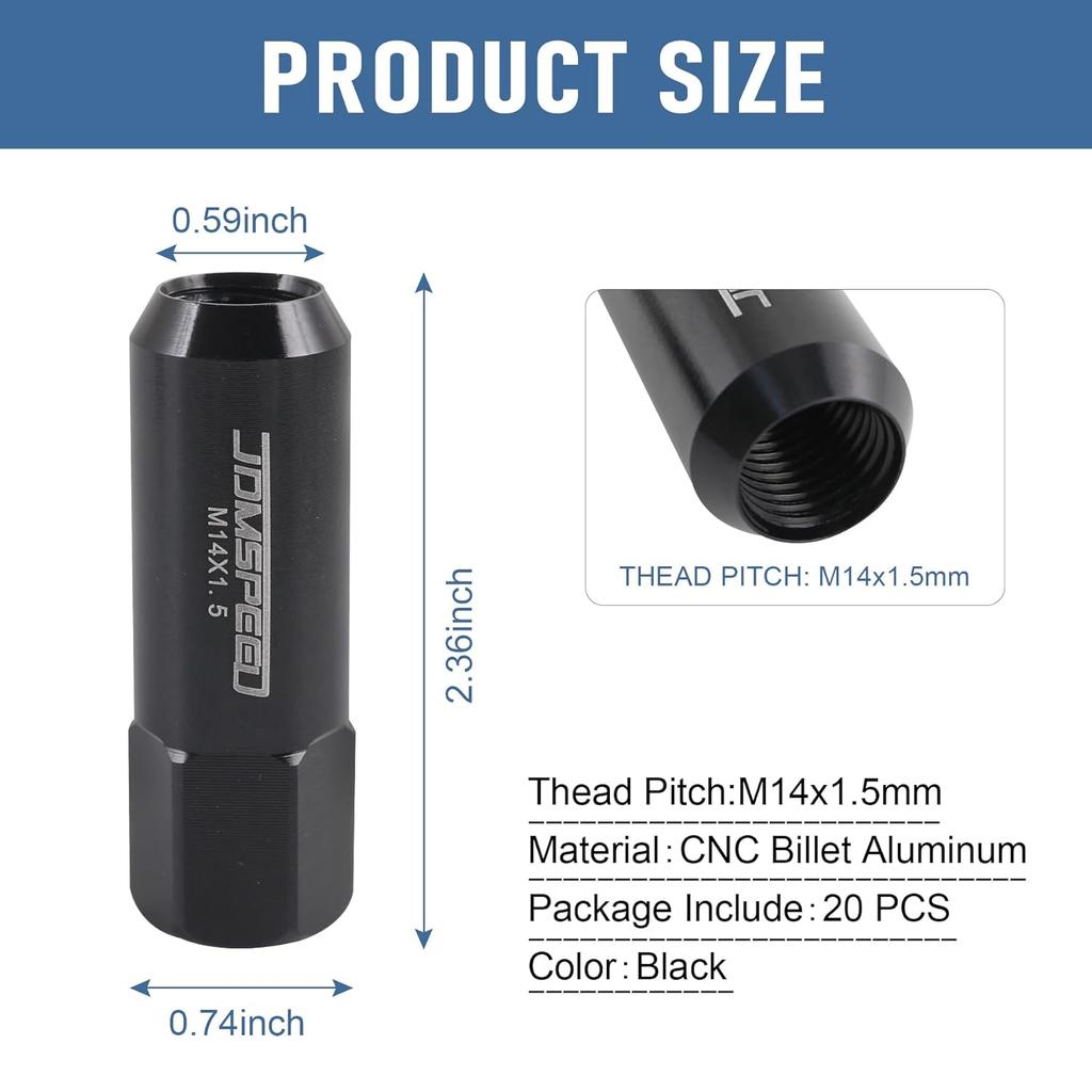 Extended Forged Aluminum Tuner Racing Lug Nut 20PCS - M14X1.5 Thread, 60MM Length, Black
