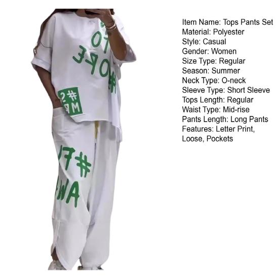 O-Neck Short Sleeve T-shirt Waist Ties Pockets Harem Pants Set Letter Print Casual Tracksuit