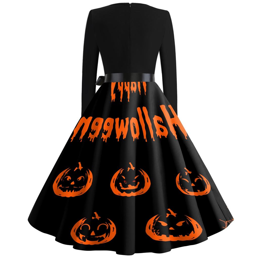 Women's Square Neck Retro Dress with Halloween Print for Casual Parties and Festive Occasions