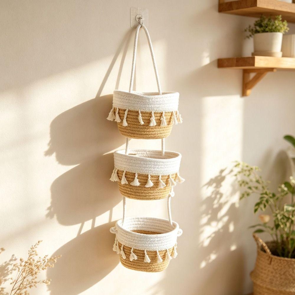 Tiered Structure Hanging Storage Basket Handmade Woven Hanging Organizer Tiered Storage Organizer