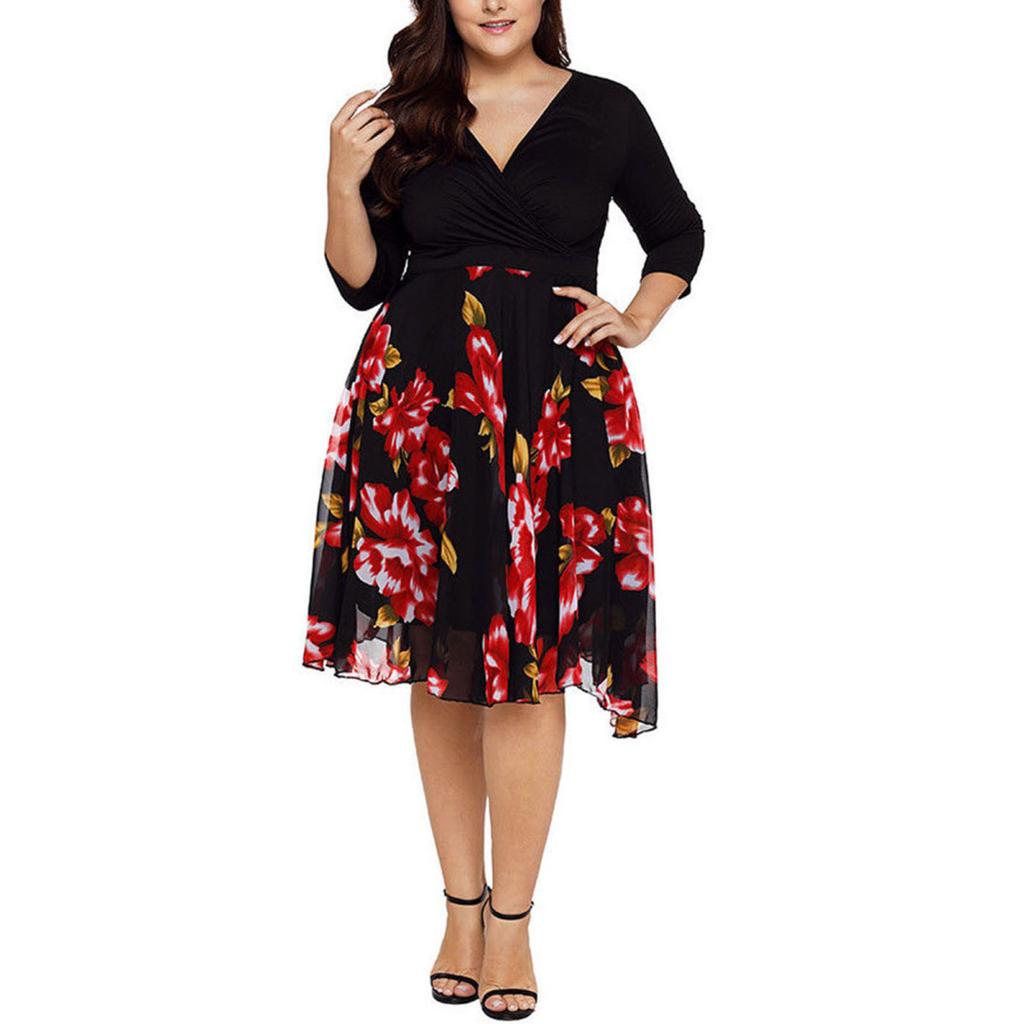 Yousheng Plus Size Dress Deep V Neck A-line Double-layered Hem Mid Sleeves Flower Printing Midi Dress Prom Party Evening Dress