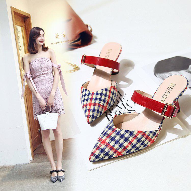 Женские тапочки на среднем каблуке с острым носком и тонкие повседневные сандалии на плоской подошве