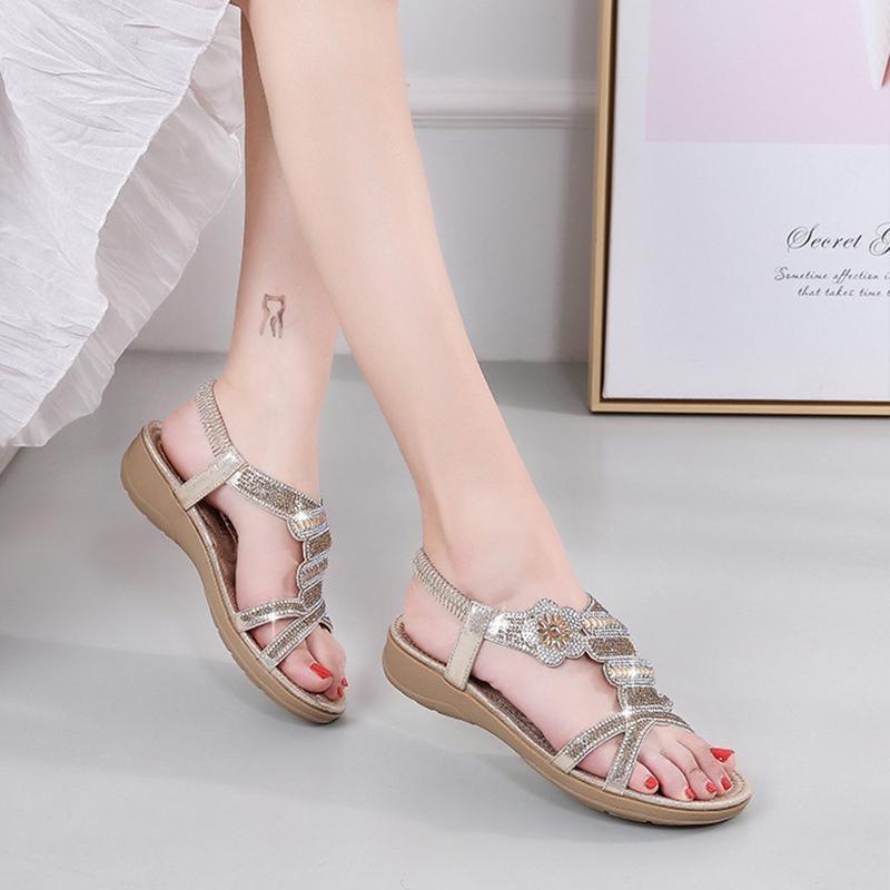 Женские модные сандалии со стразами, летние сандалии на плоской подошве, женская элегантная обувь на плоской подошве, роскошные сандалии-гладиаторы