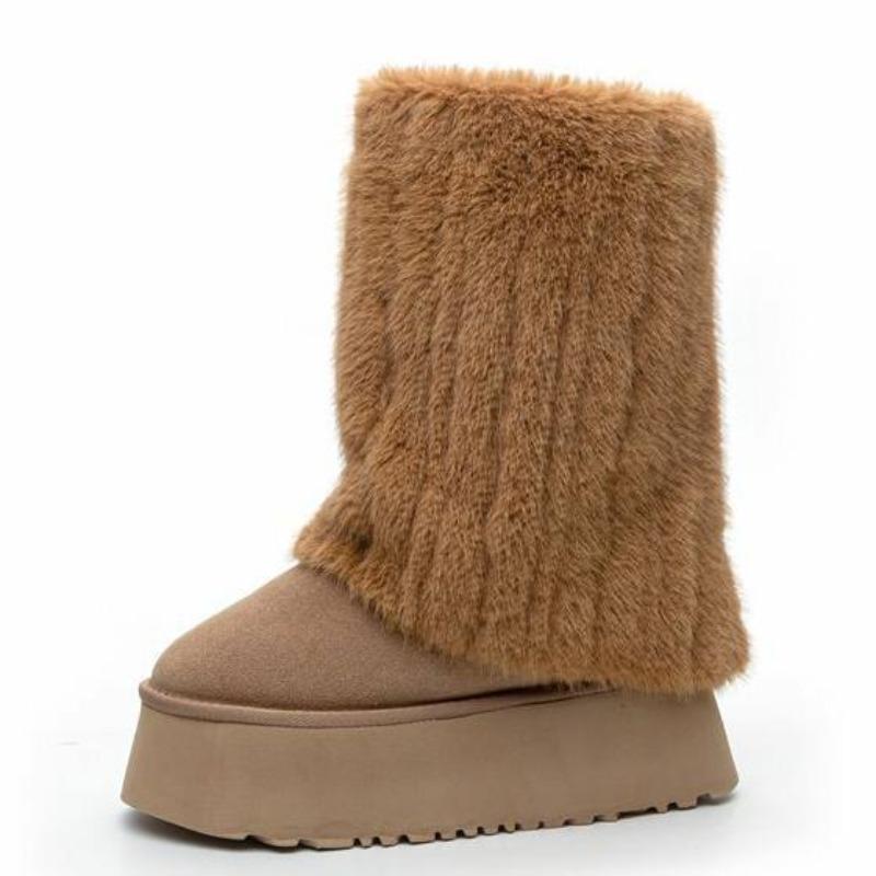 Мода 11 см Коровья кожа Плоские Осенние Женские Мотоциклетные Полусапожки на Платформе Модные Зимние Теплые Плюшевые С отворотом Снежные Сапоги