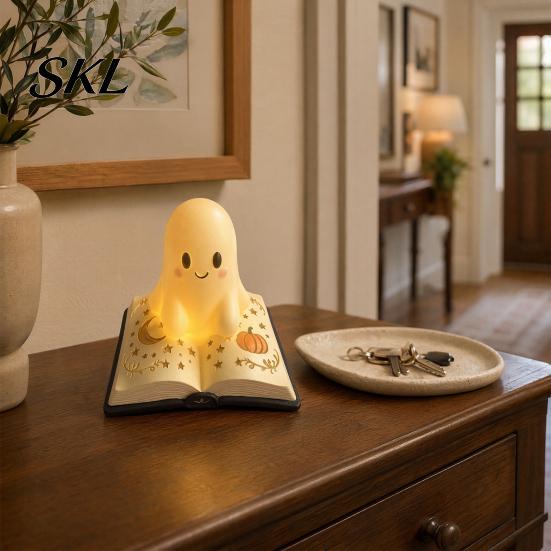 Small Cordless Light Halloween Ghost Table Lamp, Resin Spooky Night for Dreamy Bedroom Decor Bookshelf, Warm Amber Purple Glow Gothic Decorative Desk
