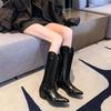 Высокие сапоги Осень Новые Заостренный носок Комбинированные Клепки Мягкая подошва Противоскользящие Износостойкие Блочный каблук Одинарные сапоги