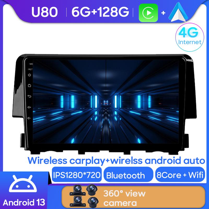Android 14 Для Honda Civic 10 FC FK 2015 - 2020 Автомагнитола Мультимедийный Видеоплеер Беспроводной Адаптер Android Auto