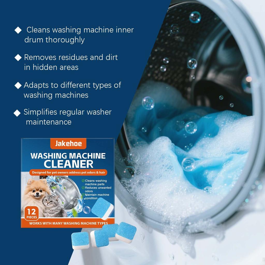 JAKEHOE Washing Machine Cleaner Tablets, Drum Tub Stain Remover Deodorizer, Fresh Scent, Home Cleaning Tablets, 12 Pack