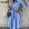 Spring Autumn POLO Neck Long Sleeve Denim Casual High-waisted Pocket Lapel Dress