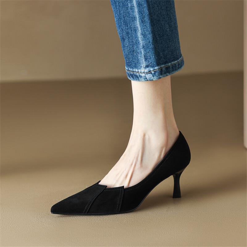 Мода Новые Весенне-Летние Женские Туфли Овечья Замша Женские Туфли-Лодочки Острый Носок Тонкий Каблук Лаконичные Высокие Каблуки Zapatos Mujer Каблуки-Шпильки