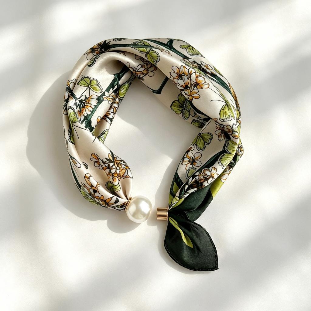New retro pearl magnetic buckle small silk scarf women's high-end satin printed scarf summer versatile small scarf