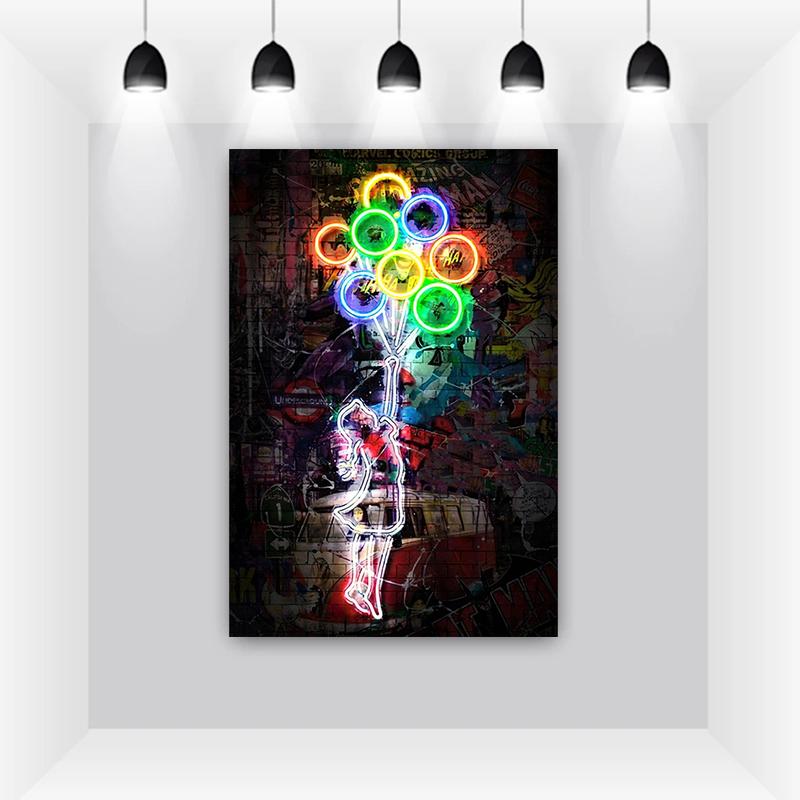 Воздушный шар Девушка Неоновое Искусство Граффити Холст Картина Уличный Стиль Поп-Арт Плакаты и принты Настенная Картина Куадрос для Домашнего Декора Комнаты