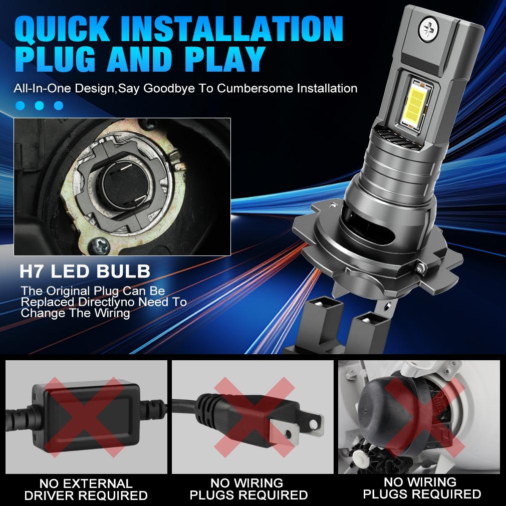 2 шт., цоколь H7, светодиодные автомобильные фары, 70 Вт, турбо-лампы высокой мощности, 6500K, 40000LM, чип CSP, мини-светодиодный светильник, Plug & Play, проводной налобный фонарь с вентилятором