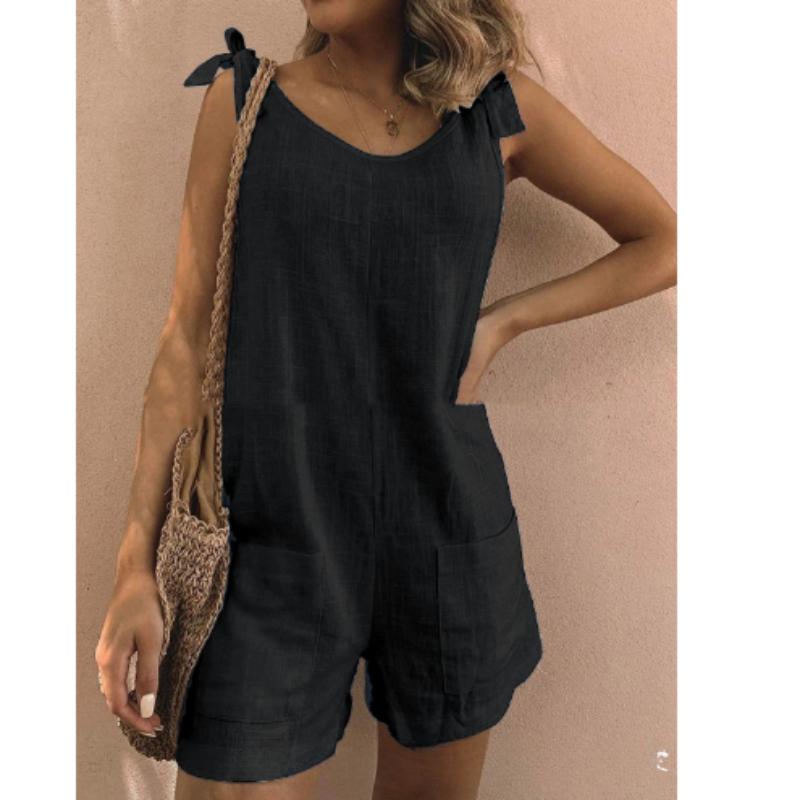 Summer Women's Solid Color Cotton and Linen Patch Pockets Loose Casual Jumpsuit Shorts Suspenders Overalls Bib Pants Sleeveless Jumpsuit