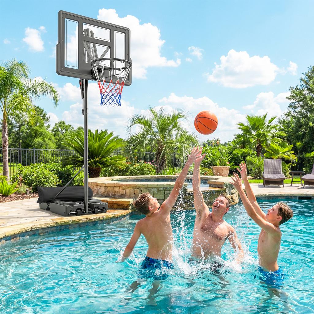 Outdoor Basketball Hoop with Wheels Adjustable Height 235-305 cm Fillable Base and Weight Bag Black