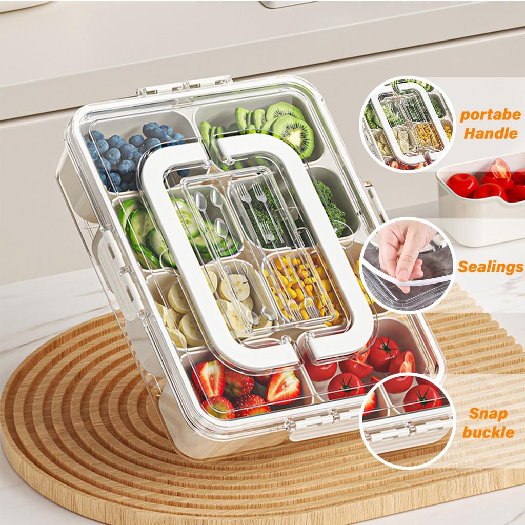 Portable Snackle Box Container Divided Serving Tray with Lid and Handle Clear Snack Box Organizer for Fruits Candy, Snacks
