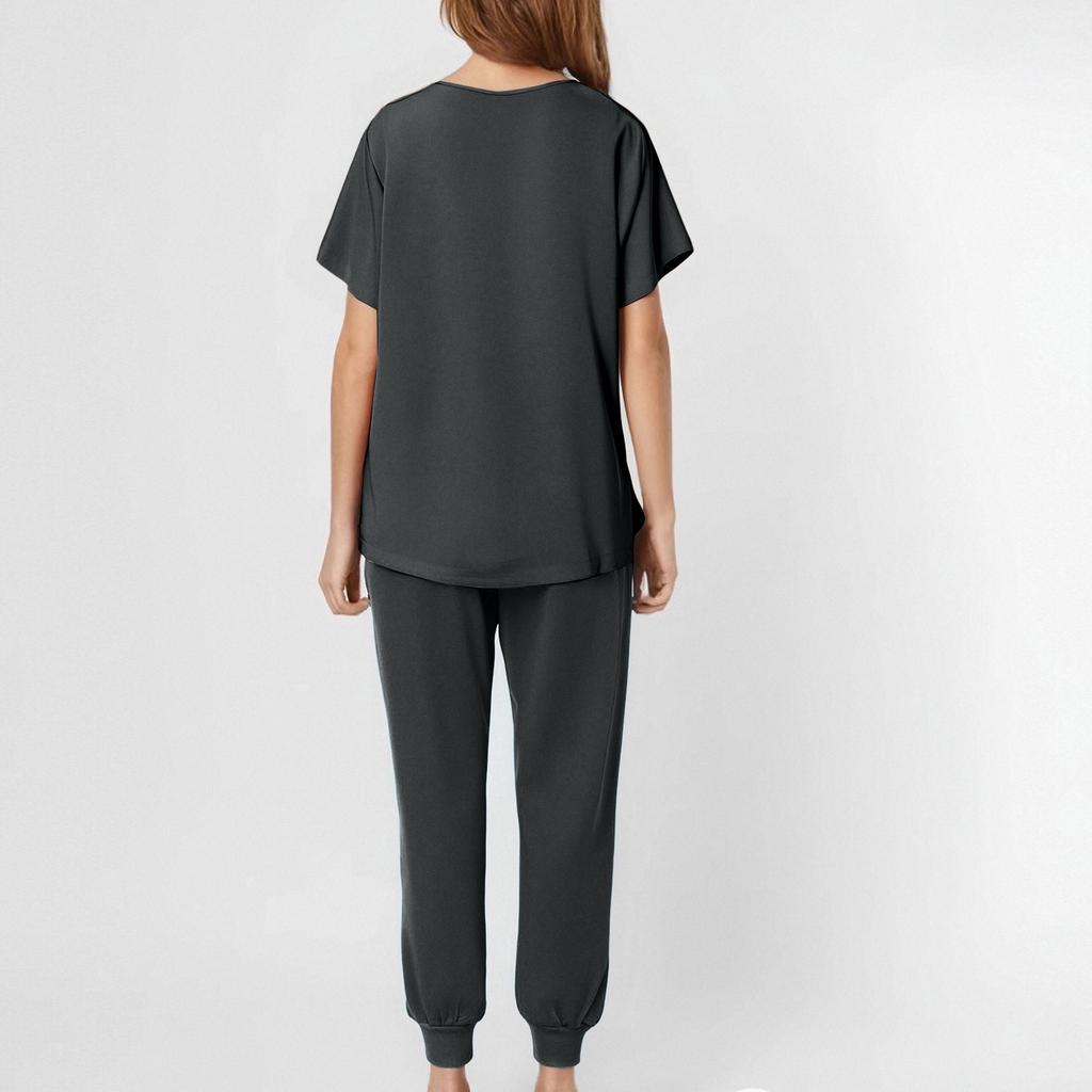 Women's Short Sleeved Solid Color V Neck Pocket Top Pants Work Clothes Two Piece Set