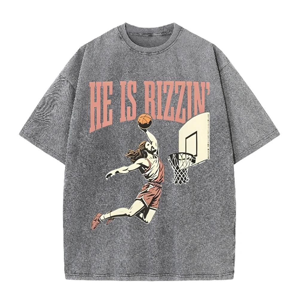 2026 He Is Rizzin Vintage Dunk Basketball Player Graphic Black Washed T Shirt Funny Sports Meme Casual Oversized Unisex Short Sl