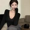 Spring Autumn V-neck Sexy Fashion Lace Patchwork Slim Tee Women Long Sleeve Slim All-match Pullover T-shirt Solid Top