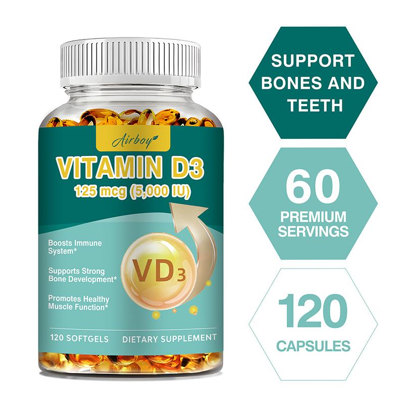 Vitamin D3 softgels support the immune system, bone development, and muscle function. 120 softgels.