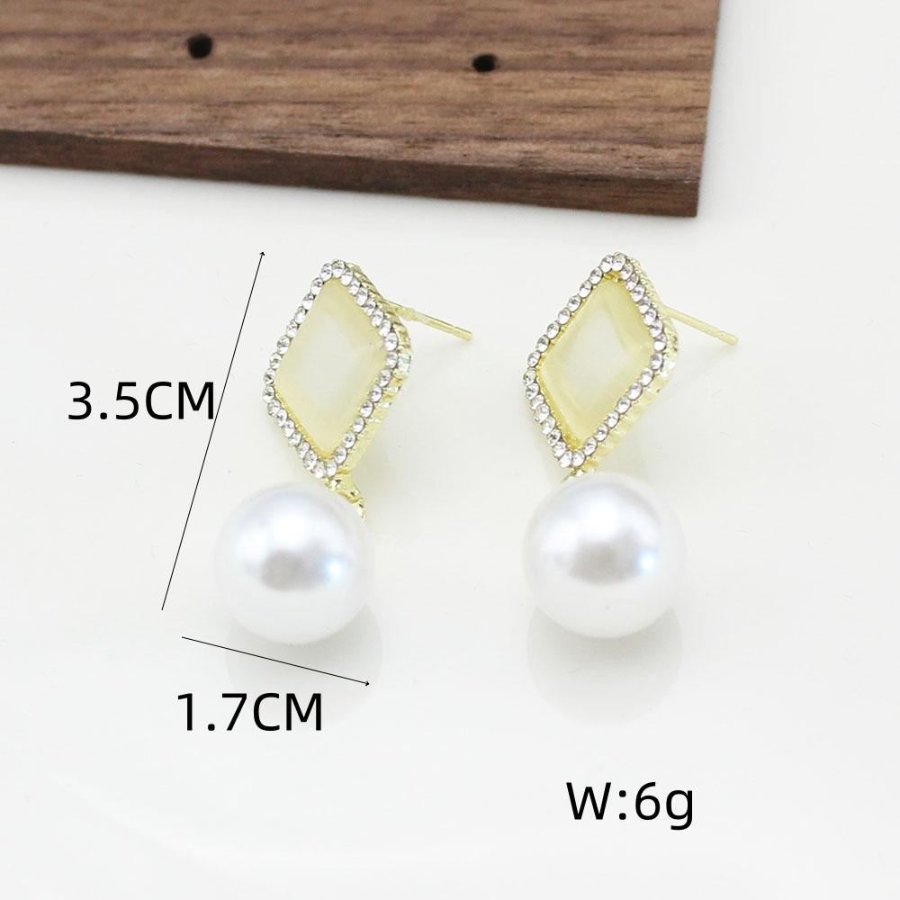 Opal Crystal Square Rhombus Round Imitation Pearl Drop Earring for Women New Simple Geometry Zircon Girlfriend Gift