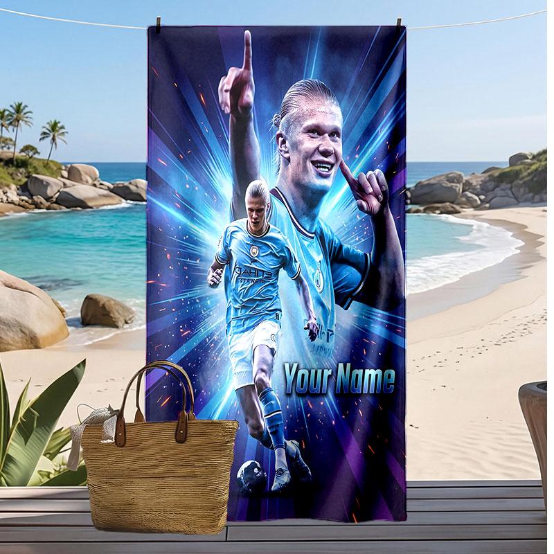Erling Haaland Personalized Printed Beach Towel Soccer Logo Support Custom Name Text Absorbent Towel For Sport Travel Special Gift