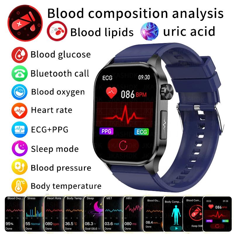 Умные часы ECG+PPG с функцией звонков по BT, push-уведомлениями, физическим обследованием, монитором здоровья, артериального давления, мочевой кислоты, кислорода в крови, спортивные умные часы