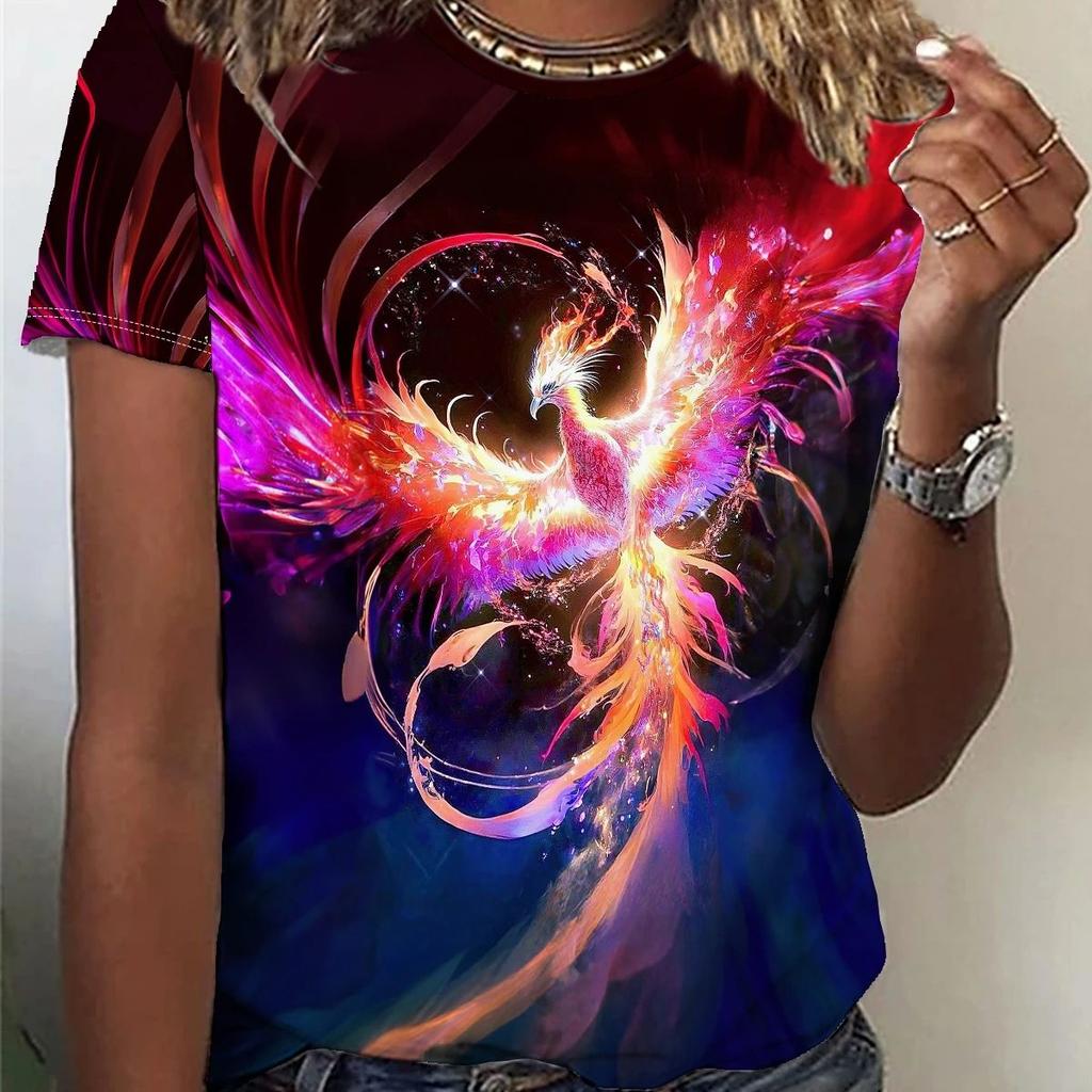 Summer Round Neck 3D Phoenix Dragon Pattern Printed Top Fashionable Casual Short Sleeved Women's T-shirt
