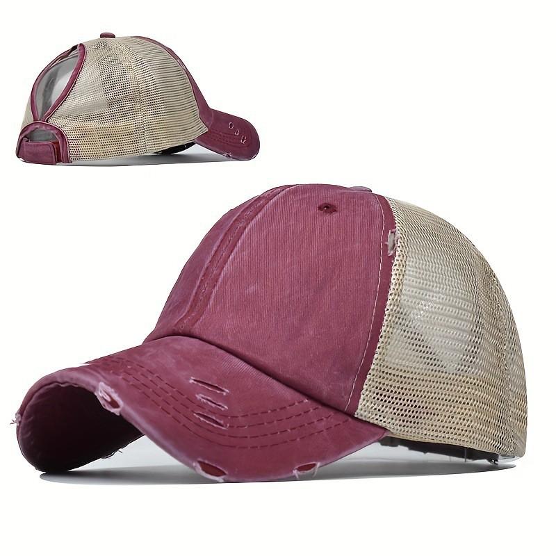 Ripped Distressed Vintage Ponytail Mesh Baseball Cap Women Men Sun Protection Wide Brim Adjustable Hat